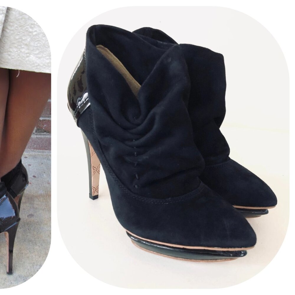 L.A.M.B. Gwen Stefani Women's 8 Boots, Slouchy Suede Ruched Ankle Platform Heels